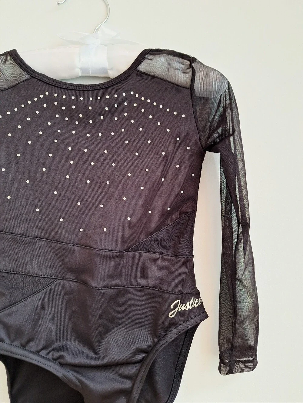Justice Girls Black Rhinestone Mesh Long Sleeve Dance Gymnastics Leotard XS 5/6